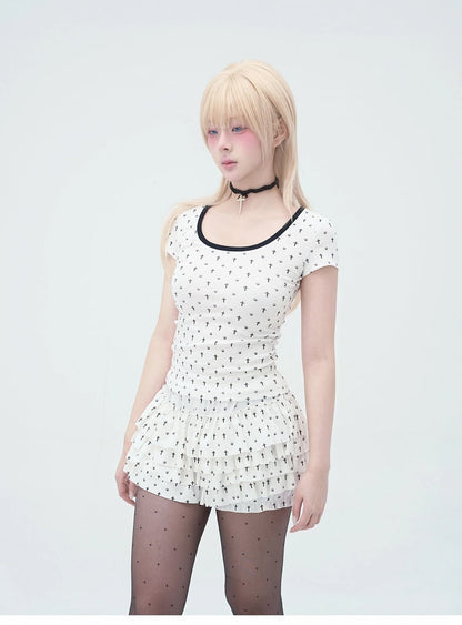 Detail Back Cat Paw Print Cat Ears and T-Shirt White at Allover Black Cross Pastel Gothic