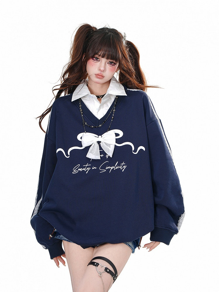 Navy Blue Polo Collar Faux Two-pieces Sweatshirt with Detachable Bow