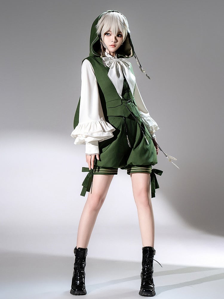 Prince Bunny Charm Silver Ouji Strings Hooded Ears Feather with Oversized Lolita Green Waistcoat