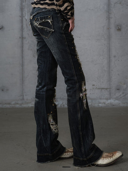 Plaid Distressed Patches Jeans Hem Punk with Frayed Black Wash Cross