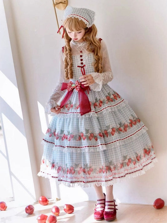 Robe Lolita vichy bleue à imprimé fraises, jupe pull Lolita d'été douce