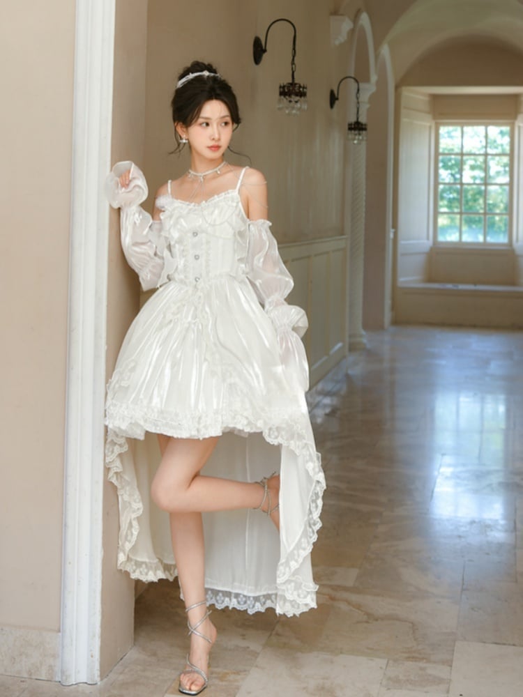 and Train White Satin Lolita Dress with Detachable Shiro Balloon Sleeves