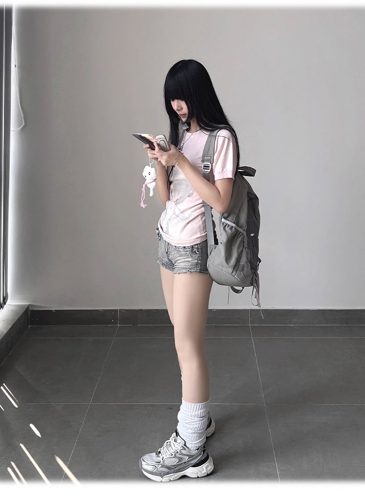 Neck BJD Doll Print Slim-fitting T-Shirt Pink Round