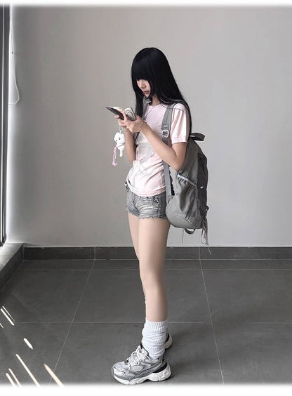 Neck BJD Doll Print Slim-fitting T-Shirt Pink Round