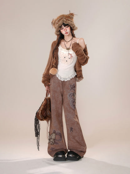 Wide-leg Applique Plaid Cut Brown Butterfly Pants