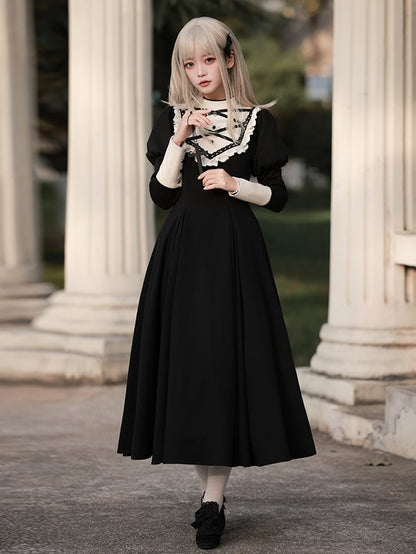Robe noire élégante à manches Juliette, style lolita, manches longues, une pièce