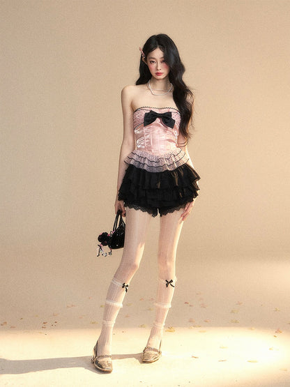 Strapless Top Pattern Pink Layered Lace Mesh Big Bow Ruffled Polka-Dot Trim
