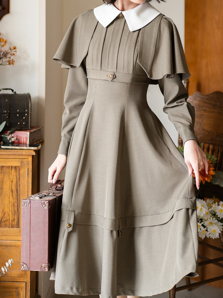 Khaki Detachable Cape Elegant Retro Slimming Dress