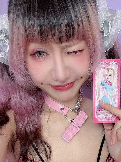 PU Pink/Silber Telefon Y2K Anhänger Choker