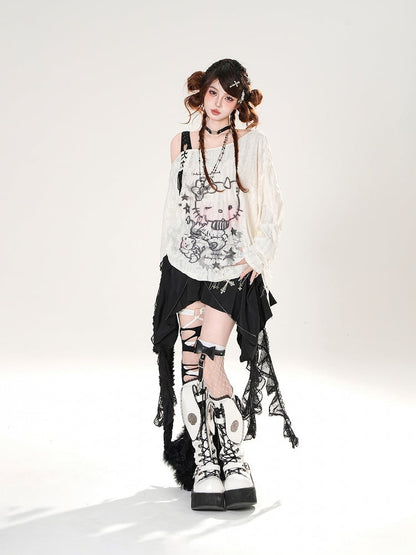 Detail Cascading Lace Ruffles Skirt Black Lace-up