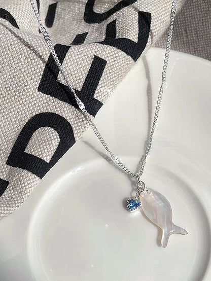 Y2K Halskette Blau/Weiß Fisch Herz und Bittersüß Strass Anhänger