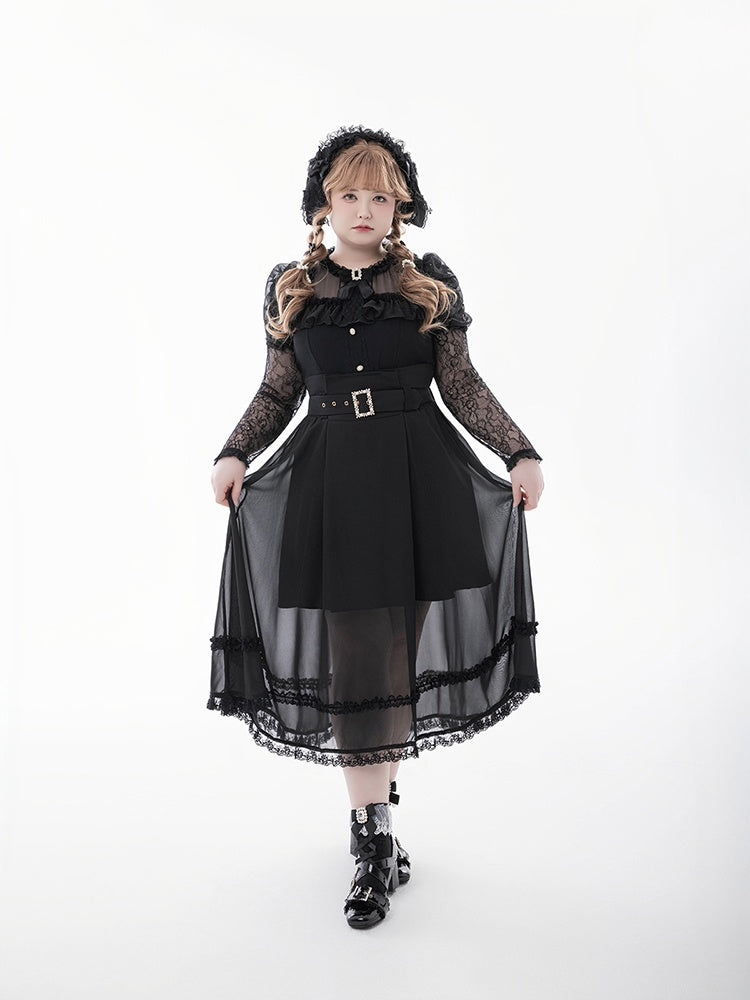 Skirt with Buckle Belt Black High Waist Mesh Overlay