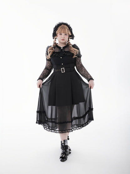 Skirt with Buckle Belt Black High Waist Mesh Overlay