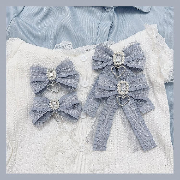 Jirai Kei Dusty Blue Rhinestone with Heart Charm Bowknot Hairclips