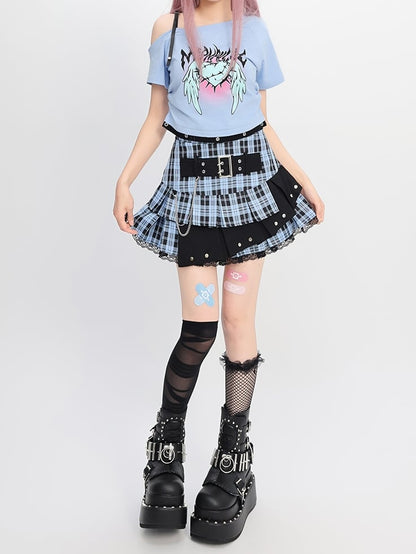 Wings Print Y2K Light Blue Asymmetrical Neckline Heart and T-Shirt