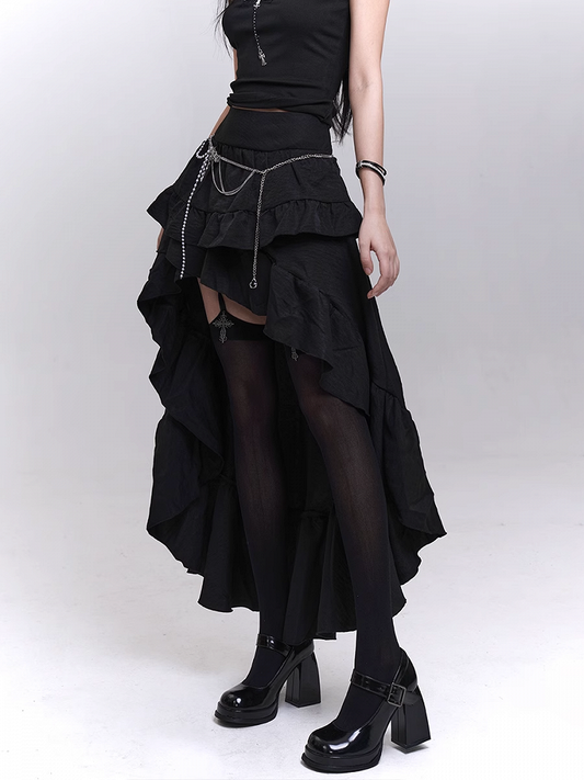 Black Cascading Flounce Trim High-low Skirt
