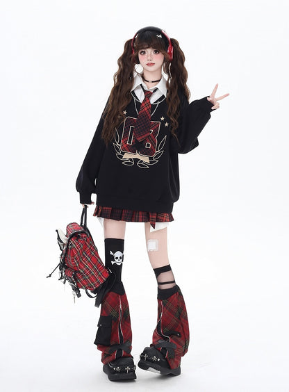 Black Preppy Faux Two-pieces Loose Sweatshirt with Red Plaid Tie