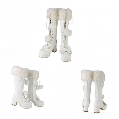 White Embellishments Cuff Lace+Zip Lolita Top Boots Bow - Knee-High with System Sweet Plush
