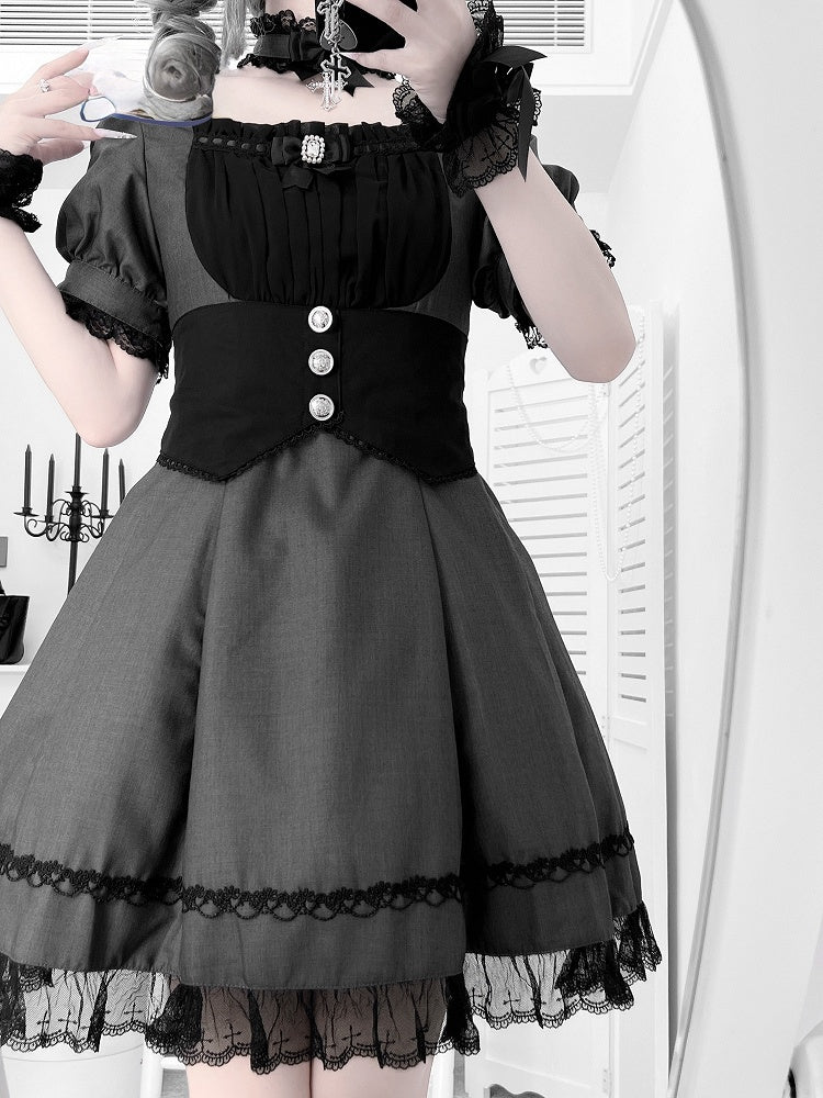Corset Belt Design Puff Set- Trim Sleeves Kei and Dress Gray Full Black Lace Jirai