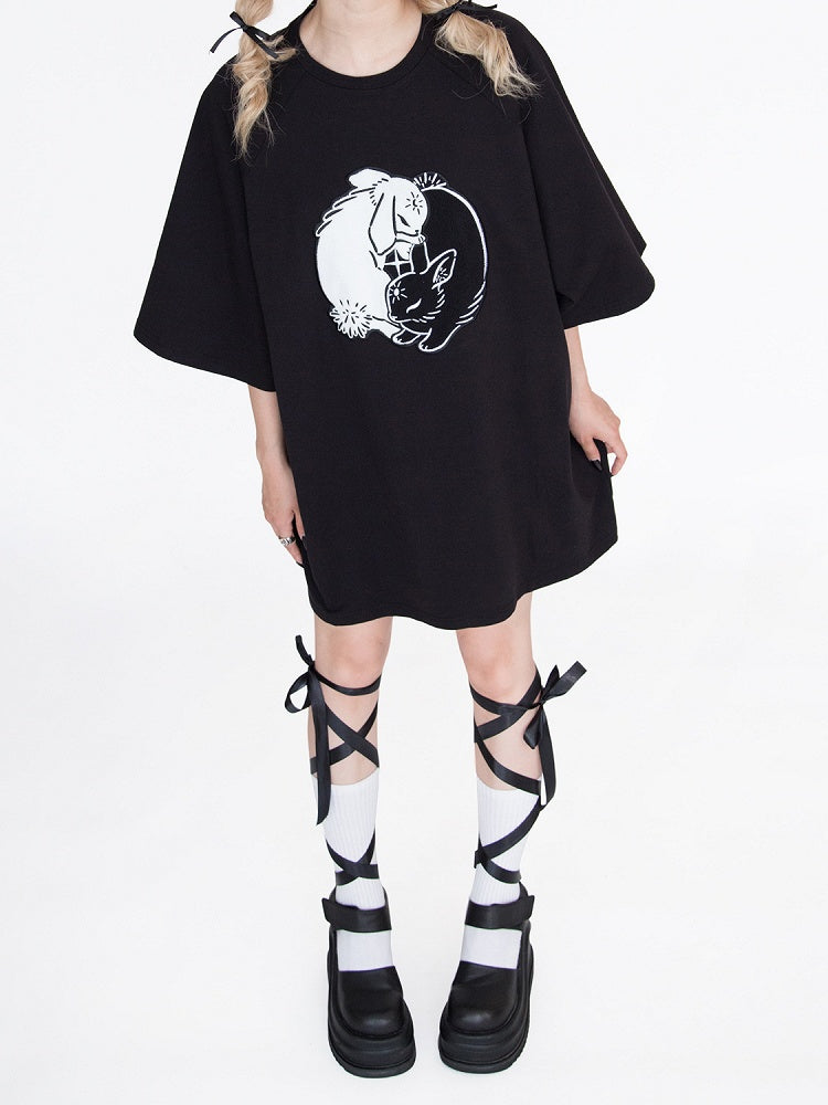 Black Bunny Embroidery Oversized T-Shirt