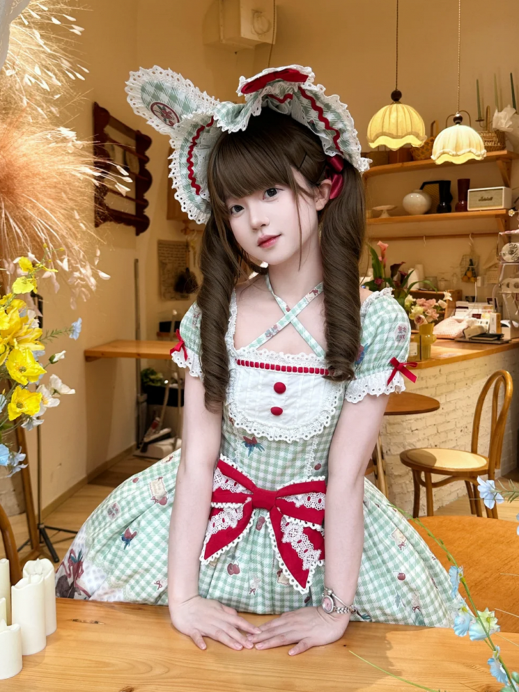 Pattern Bonnet Gingham Black Green Pink Red Ears / Bunny