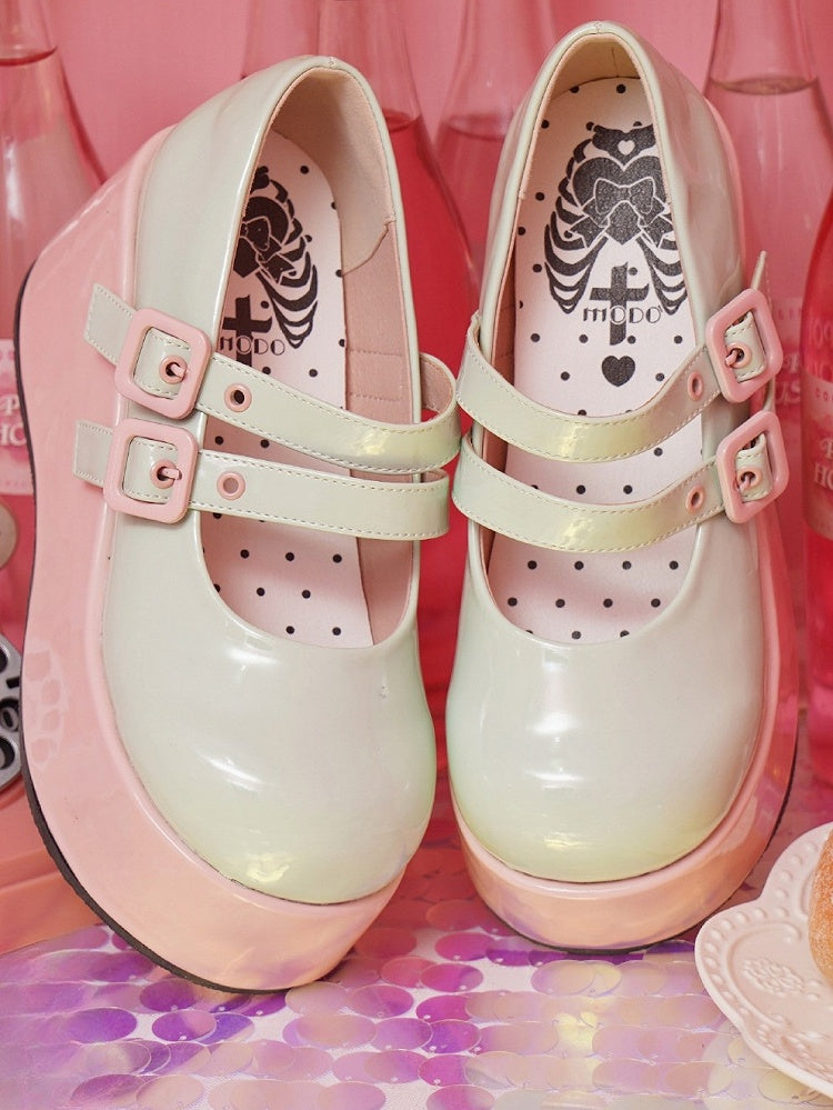 Leather PU Buckles Sweet Pink Lolita Green Sole Platforms with Wedge