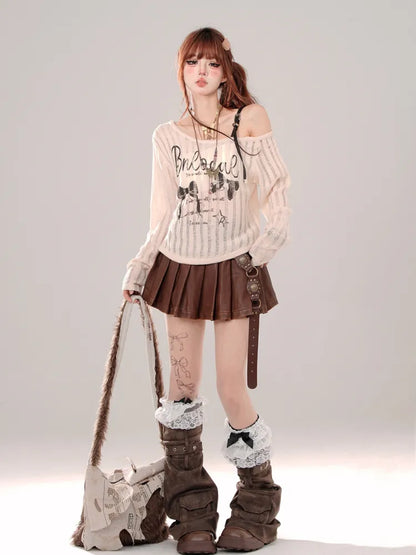 Buckle Pleated Straps Skirt Black/Brown