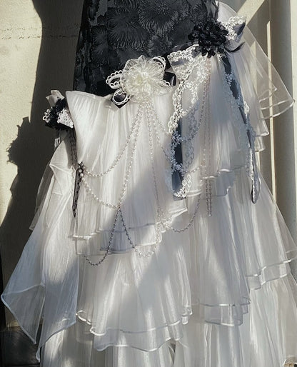 Classic JSK Elegant Layered Full Tulle Slim Bodice Jacquard Hem White Lolita Black Fit Floral Set