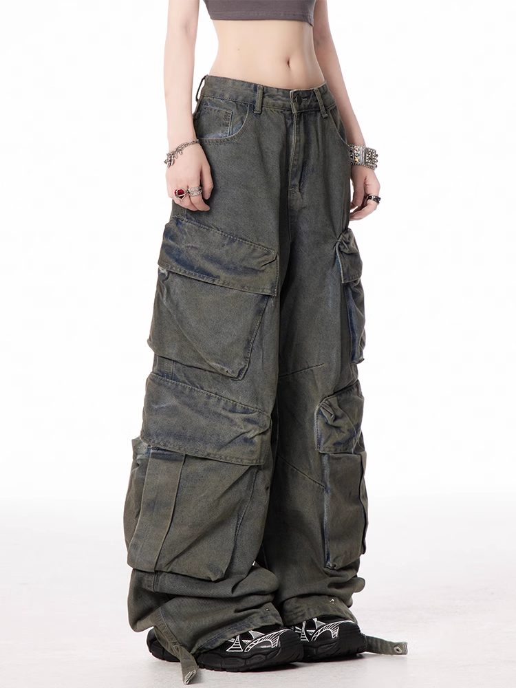 Dark Blue Low Distressed Pockets Vintage Wide-leg Jeans Waist Cargo