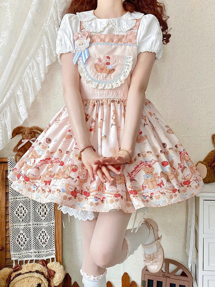 Beige Sweet Teddy Bear and Dessert Lolita Overall Dress