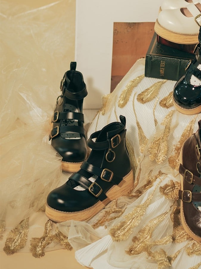 Platforms Toe with Wedge Buckle 3–5 cm Sole Round Black 3 Straps