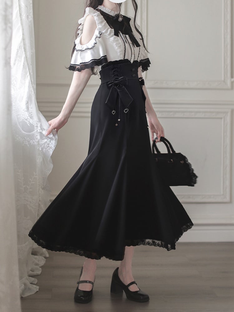 Mermaid Skirt Jirai Kei Black Lace Waist Trim with Lace-up Details at Side