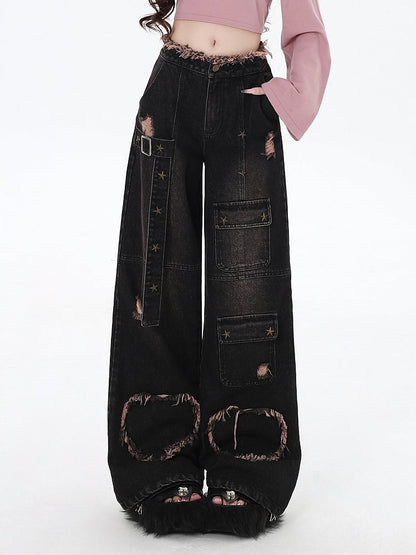 Black Distressed Holes Y2K Wide-leg Cut Jeans