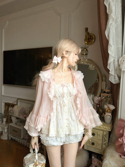 Ruffled Sun-protective Pink Sleeves With Cardigan Bell