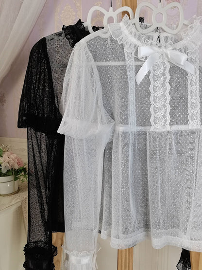 White Ruffle Neckline Juliette Sleeves Sheer Blouse