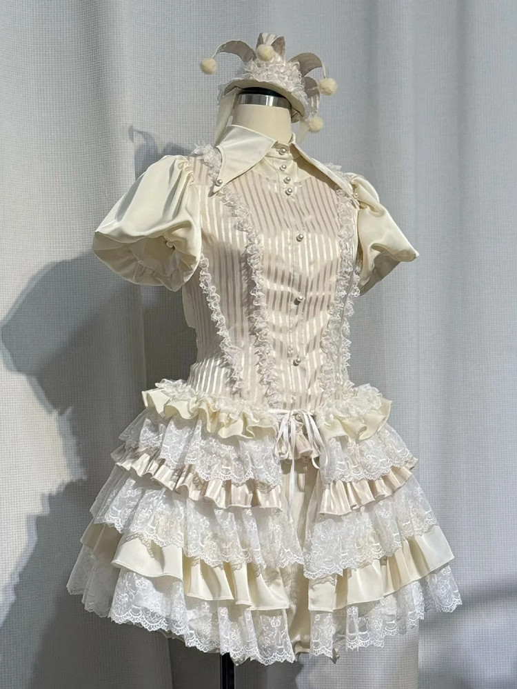 Clown-Outfit + Shorts, Pumphose, Kragen, spitzes Hemd, Lolita-Zirkus, Strumpfbänder, Ouji Apricot Vibes –