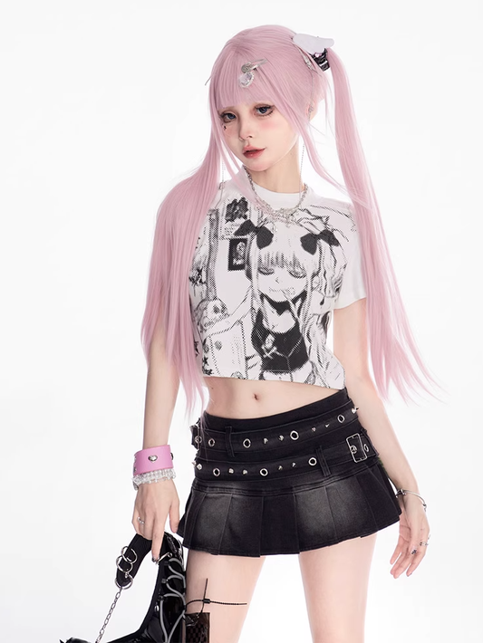 Print White Crew Neck Cropped T-shirt Anime Girl
