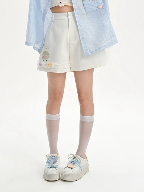 Floral Lace Trim White Shorts Lamb Embroidery Accents