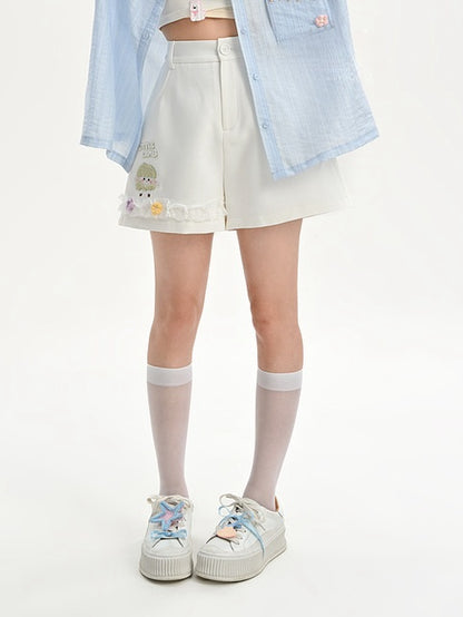 Floral Lace Trim White Shorts Lamb Embroidery Accents