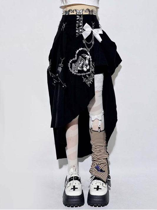 Punk Black Pin Chain Asymmetrical Hem Kitty Detachable Bow Skirt