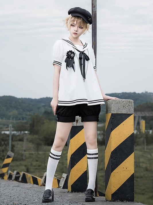 Shorts Sleeves Short Black and Sailor White Collar Shirt