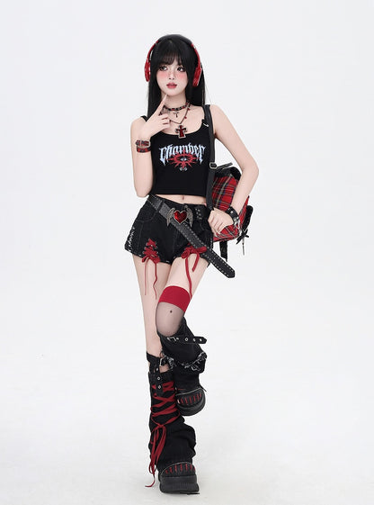 Lace-up Details with Red Leg Black Warmers and Butterfly Hem Denim Shorts Applique
