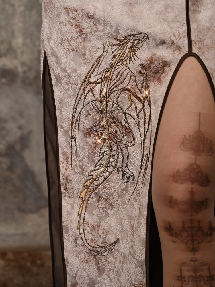 Steampunk Asymmetrical Sleeves Dragon Embroidery Dress