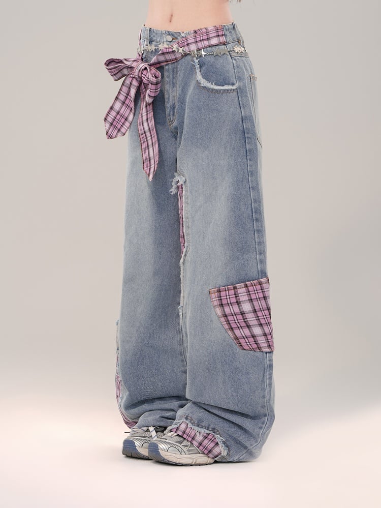 Rose Red Plaid Bowknot Wide-leg Cut Blue Jeans