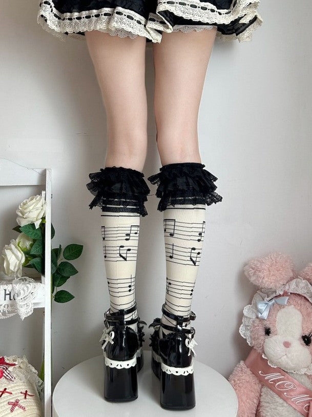 Musical Stockings Print Trim Notes Lace