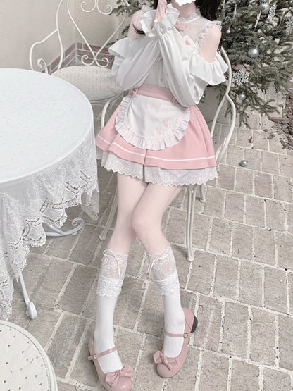 Pink & White Jirai Kei Full Set-Illusion Neckline Cutout Shoulder Top+Apron Design  Skirt+Bow Tie