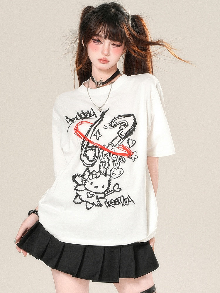 Kawaii Kitty Print T-shirt Daily White