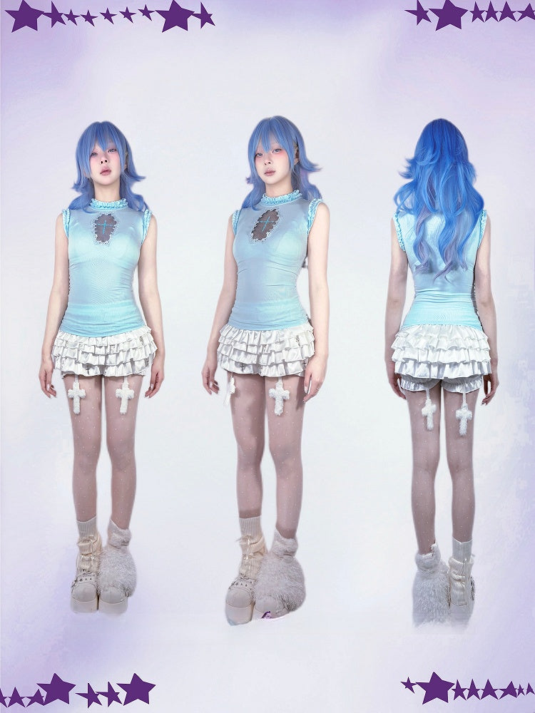 Goth Sleeveless Top Light Blue Mock Neck Coffin-Shaped Cutout Pastel