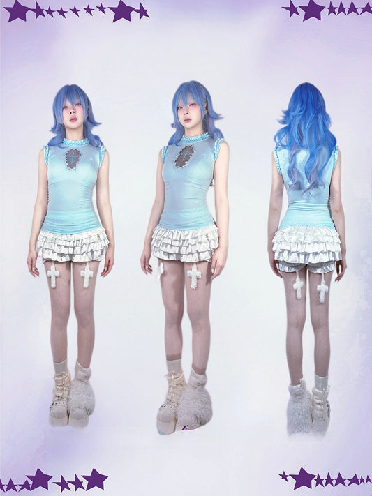 Goth Sleeveless Top Light Blue Mock Neck Coffin-Shaped Cutout Pastel