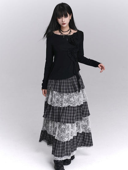 Tiered Skirt Black Layers White Maxi with Low-waist Plaid Lace